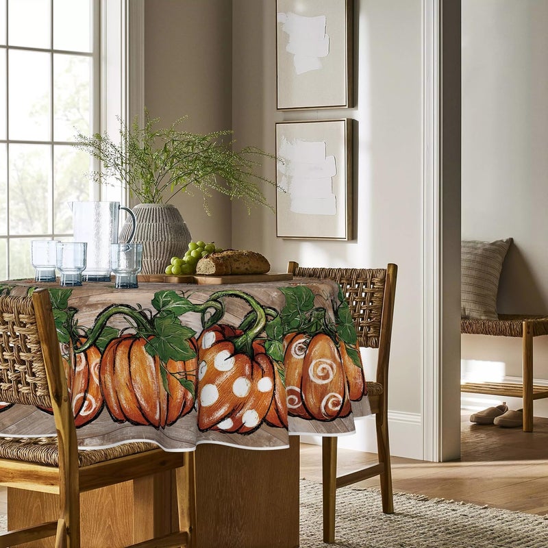 Horaldaily Fall Tablecloth 7070 Inch Round Thanksgiving Autumn Harvest Orange Wood Plank Grain Pot Pumpkin Table Cover for Party Picnic Dinner Decor - Image 3