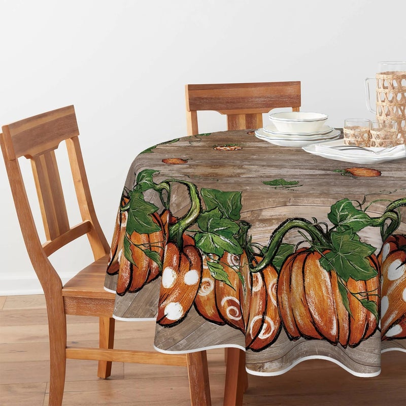 Horaldaily Fall Tablecloth 7070 Inch Round Thanksgiving Autumn Harvest Orange Wood Plank Grain Pot Pumpkin Table Cover for Party Picnic Dinner Decor - Image 2