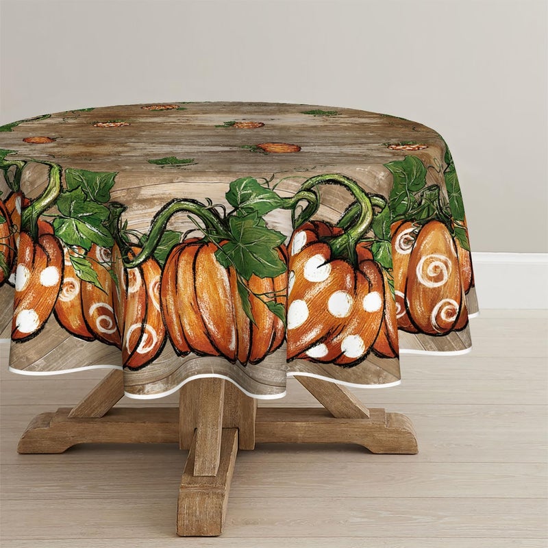 Horaldaily Fall Tablecloth 7070 Inch Round Thanksgiving Autumn Harvest Orange Wood Plank Grain Pot Pumpkin Table Cover for Party Picnic Dinner Decor - Image 1