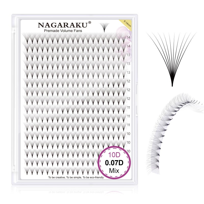 NAGARAKU Premade Fans Eyelash Extensions Thin Pointy Base 10D Volume Sharp Narrow Stem 0.07mm D curl 9-14mm Mix Clusters Russian Pre Fanned Fluffy Matte Black - Image 1