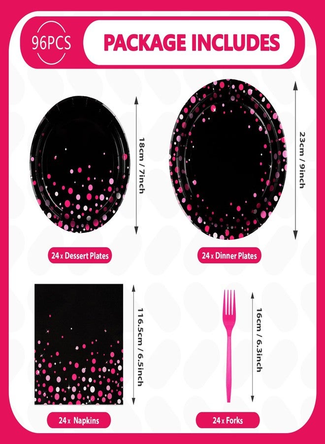 Grencian 96Pcs Hot Pink and Black Party Supplies Black and Pink Birthday Plates and Napkins Tableware Sets Girls Night Party Decoration for Bachelorette Pajama Wedding Bridal Baby Shower Decorations Serves 24 - Image 2