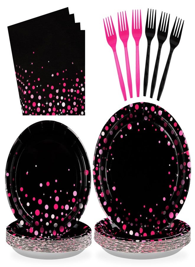 Grencian 96Pcs Hot Pink and Black Party Supplies Black and Pink Birthday Plates and Napkins Tableware Sets Girls Night Party Decoration for Bachelorette Pajama Wedding Bridal Baby Shower Decorations Serves 24 - Image 1
