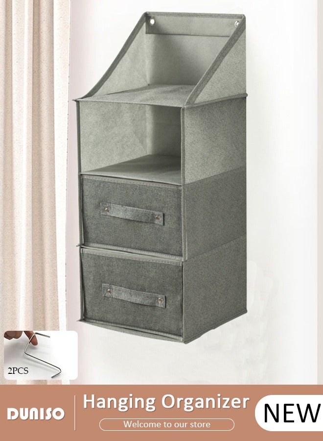DUNISO 3-Tier Hanging Storage Organizer with Drawers, Hanging Storage Organizer with Drawers, Foldable Clothes Hanging Closet Shelf Organizer, Fabric Hanging Shelves for Wardrobe Storage - Image 1