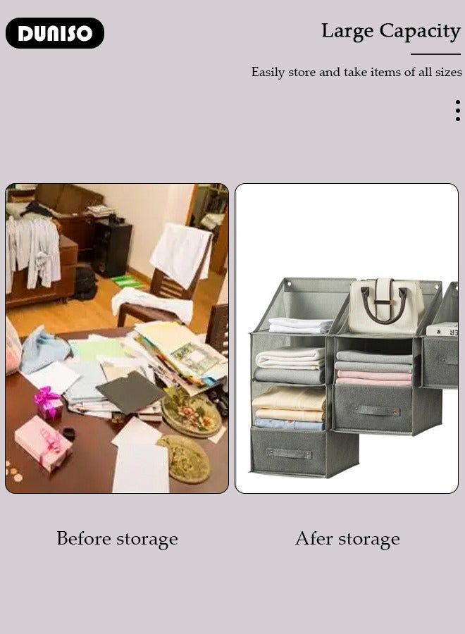 DUNISO 3-Tier Hanging Storage Organizer with Drawers, Hanging Storage Organizer with Drawers, Foldable Clothes Hanging Closet Shelf Organizer, Fabric Hanging Shelves for Wardrobe Storage - Image 3