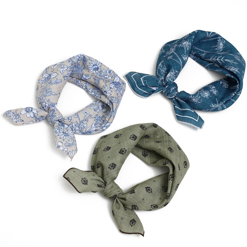 THENEXTLOVE Soft Cotton Viscose Bandana 22''x22'' for Women and Men Multi-purpose Headband Hair Scarf Handkerchief as Gifts(C4-Olive+Beige+Blue) - Image 1