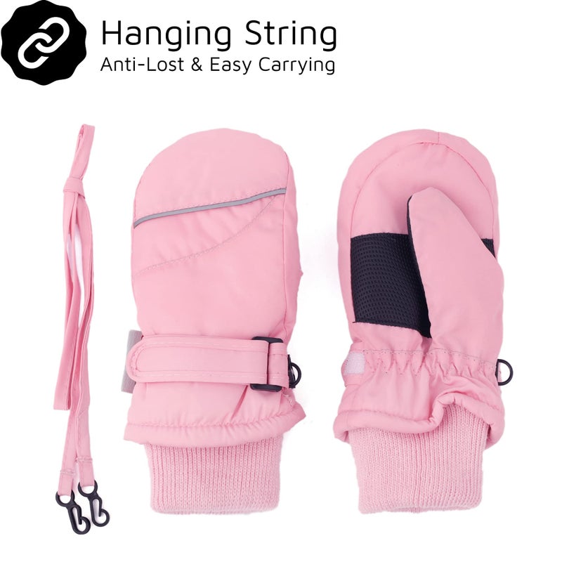 F Flammi Toddler Kids Snow Mittens with String Waterproof Ski Mittens Thinsulate Winter Gloves for Baby Girls Boys(Baby Pink,4-6) - Image 3