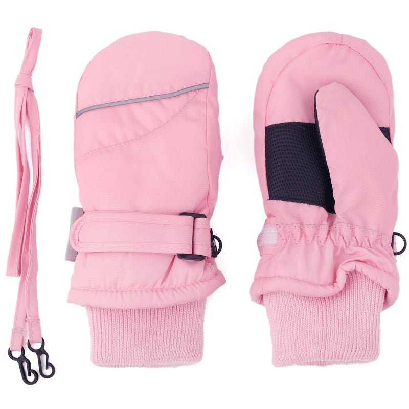 F Flammi Toddler Kids Snow Mittens with String Waterproof Ski Mittens Thinsulate Winter Gloves for Baby Girls Boys(Baby Pink,4-6) - Image 1