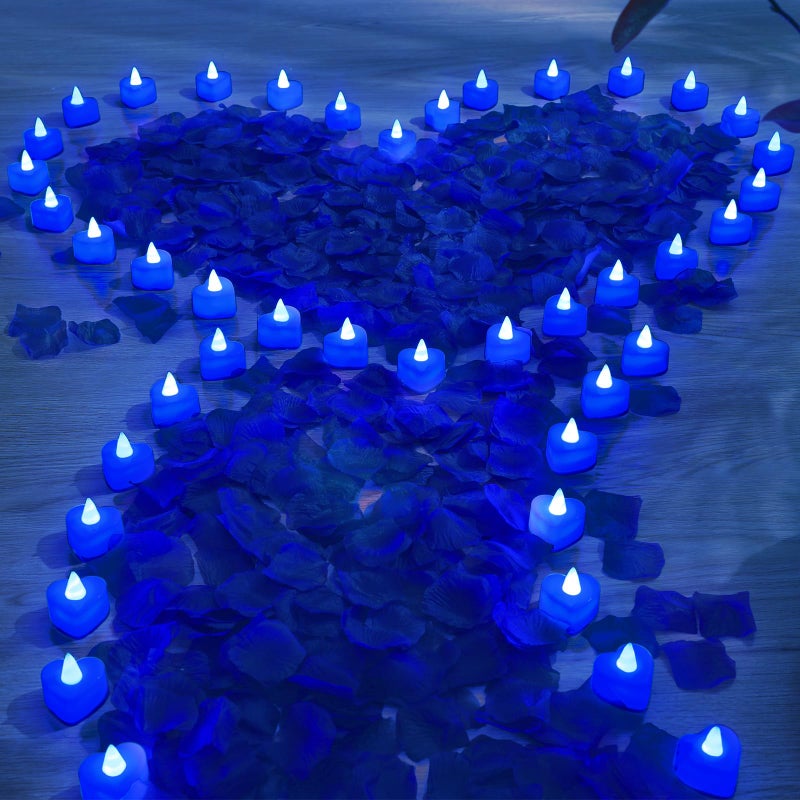 Coume 6000 Pieces Artificial Rose Petal with 72 Pieces LED Tea Lights Candle Romantic Rose Petal Heart Candle for Romantic Night Proposal Wedding Anniversary DecorBlue Light