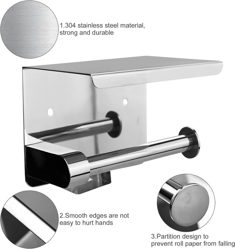 KURIC Stainless Steel Toilet Paper Holder with Mobile Phone Storage Shelf, Toilet Roll Napkin Holder, Toilet Tissue Paper Holder with Mobile Stand- Bathroom Accessories, Chrome- Pack of 2 - Image 3
