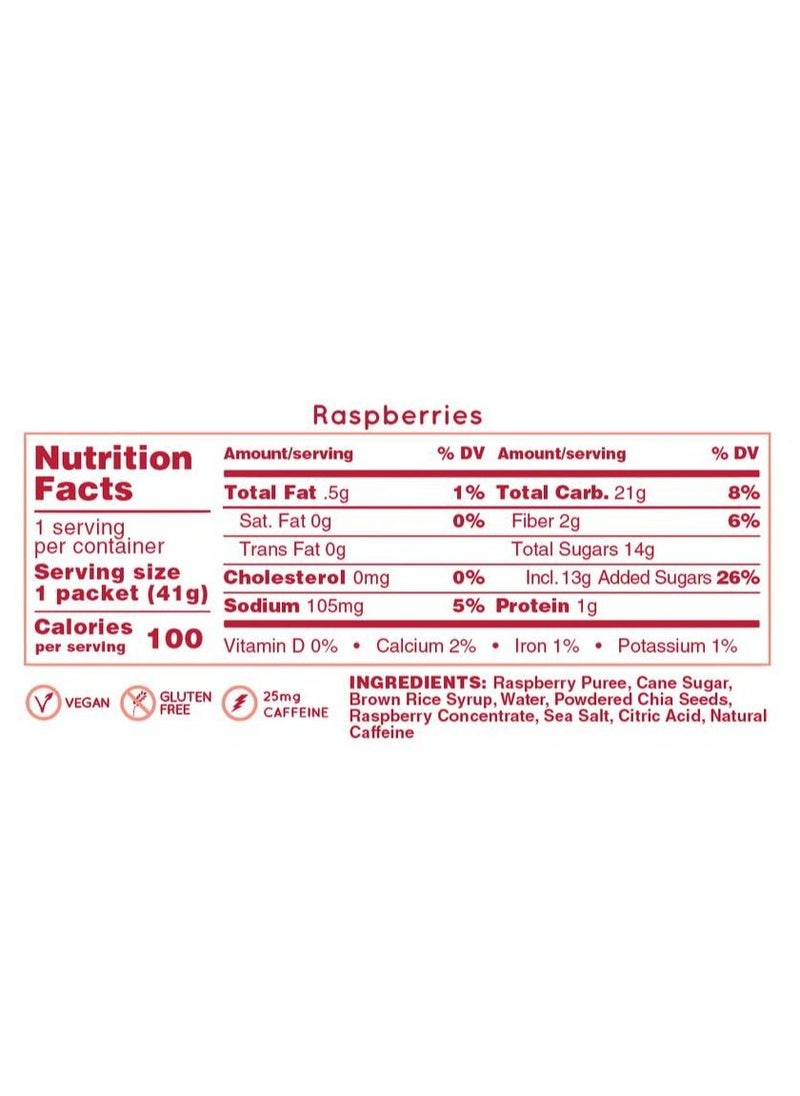 Huma - Huma Chia Energy Gel - Raspberries - 9 count x 42g - 21gr Carbs, 105mg Sodium, 1x Caffeine, 25mg Caffeine, 100% All Natural, Vegan, Gluten Free - Image 1