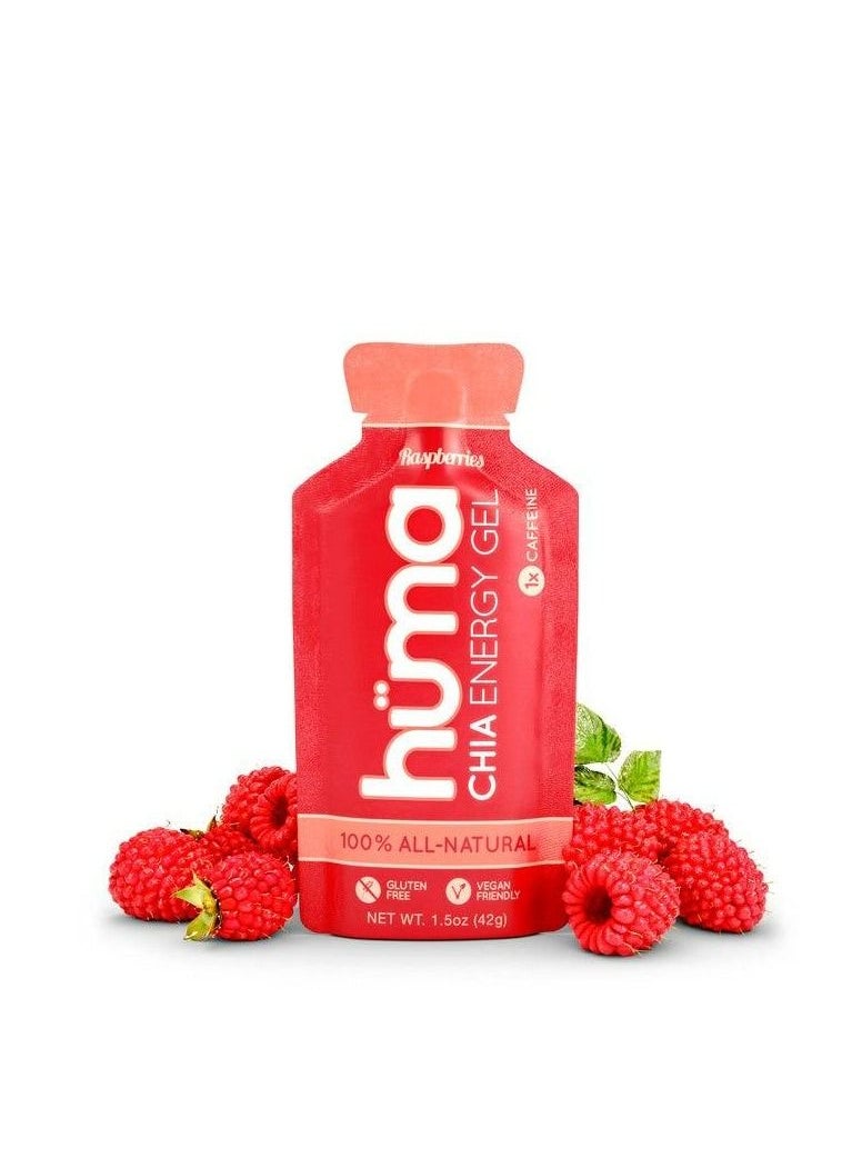 Huma - Huma Chia Energy Gel - Raspberries - 9 count x 42g - 21gr Carbs, 105mg Sodium, 1x Caffeine, 25mg Caffeine, 100% All Natural, Vegan, Gluten Free - Image 1