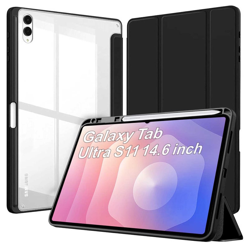 ProElite Cover for Samsung Galaxy Tab S11 Ultra 14.6 inch, Smart Flip Case Cover for Samsung Galaxy Tab S11 Ultra 14.6 inch with Pen Holder, Black [Transparent Back] - Image 1