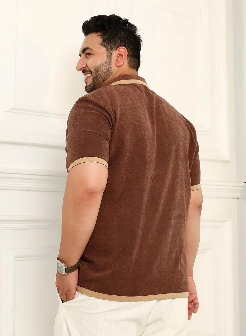 Instafab Plus  Instafab Plus Men's Chocolate Brown Contrast-Cuban Shirt For Casual Wear | Cuban Collar | Short Regular Sleeves | Button Closure | Plus Size Shirt Crafted With Comfort Fit For Everyday Wear for Men | Best Price UAE