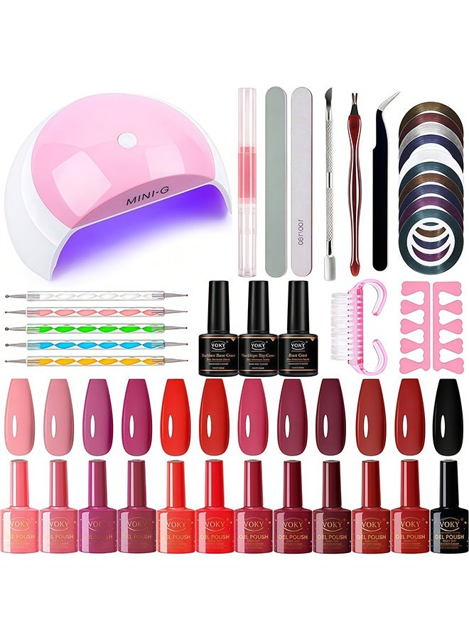 فوكي طلاء أظافر – مجموعة طلاء أظافر الجل مع ضوء UV (40 قطعة) | 12 لونًا لجميع الفصول – قابل للغسل مع طلاء أساسي/علوي مات/لامع مُرصّع + أدوات المانيكير + تزيينات أظافر DIY – هدية للسيدات - Image 1