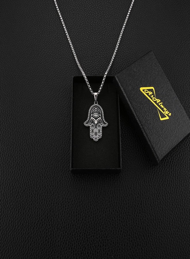 AsAlways Stainless Steel Hand of Fatima Pendant Vintage Amulet Charm Relief Carving Evil Eye Hamsa Hand Necklace Religious Gifts - Image 5