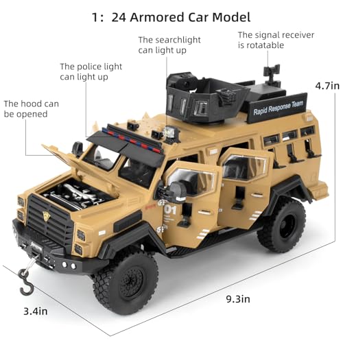 LOVEPOSELY Compatible for 124 Alloy Armored Car Model Collectible Diecast SaberToothed Tiger Explosive Protected Vehicle Toy Pull Back Toy Car with Sound and Light for Adult Kids Yellow - Image 5