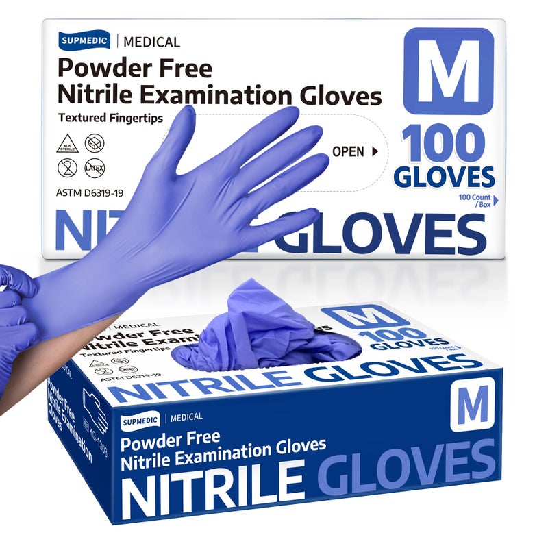 Supmedic Medical Nitrile Exam Gloves, Powder-Free Latex-Free Non-Sterile Food Safe Disposable Glove, Blue Iris 100 pcs (Medium) - Image 1