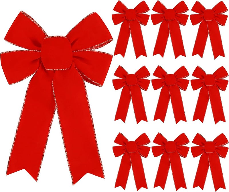 Hongsome 10 Pack Red Bows Christmas Tree Decorations,9”x13”Large Velvet Ornament Bow with Glitter Gold Edge for Xmas Home Wreath Fence Stairs Railing Fireplace Indoor Outdoor Front Door Decor - Image 1