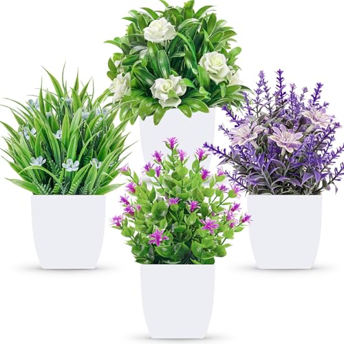Der Rose 4 Pack Small Fake Flowers Plants Mini Artificial Potted Plants for Centerpiece Table Decorations Desk Home Bathroom Office Decor - Image 1