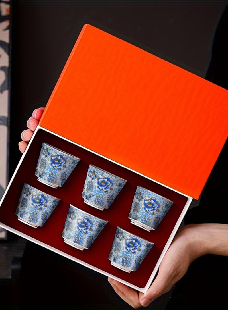 EzzySo 6 Ceramic Tea Cups with Gift Box Elegant Floral Enamel Porcelain Coffee Cup Set, Blue Flowers Teacup, Perfect for Home, Office, and Restaurant Use - Image 1