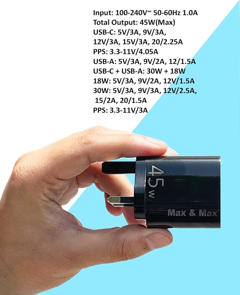 Max & Max 45W Dual Port USB and Type-C GaN Fast Charger for iPhone and Android Devices - Black - Image 4