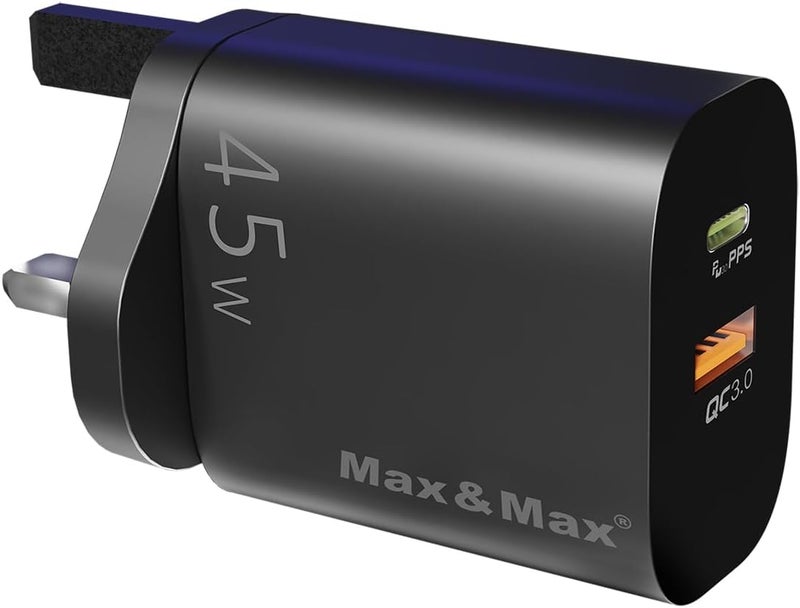 Max & Max 45W Dual Port USB and Type-C GaN Fast Charger for iPhone and Android Devices - Black - Image 1