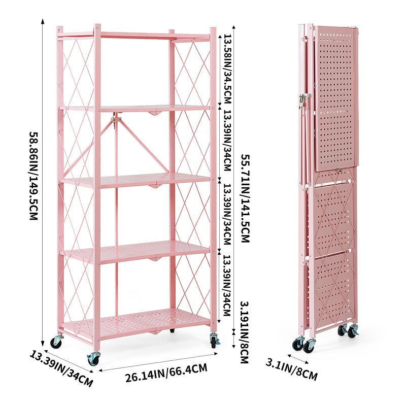 BRIAN & DANY 5-Tier Foldable Storage Shelves with Wheels, Folding Metal Rack Shelving Unit, Heavy Duty No Assembly Organizer Shelf for Garage, Kitchen, Basement, Pantry, Pink - Image 4