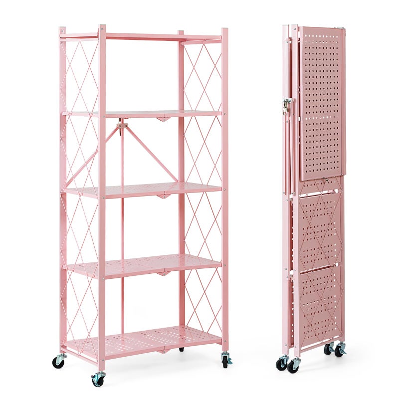 BRIAN & DANY 5-Tier Foldable Storage Shelves with Wheels, Folding Metal Rack Shelving Unit, Heavy Duty No Assembly Organizer Shelf for Garage, Kitchen, Basement, Pantry, Pink - Image 1