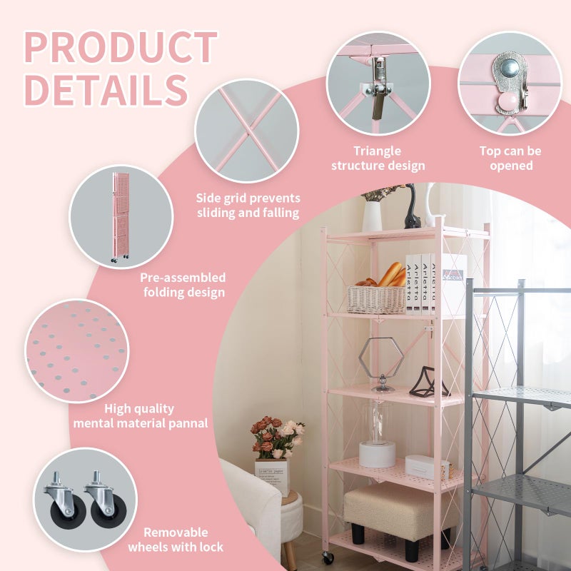 BRIAN & DANY 5-Tier Foldable Storage Shelves with Wheels, Folding Metal Rack Shelving Unit, Heavy Duty No Assembly Organizer Shelf for Garage, Kitchen, Basement, Pantry, Pink - Image 5