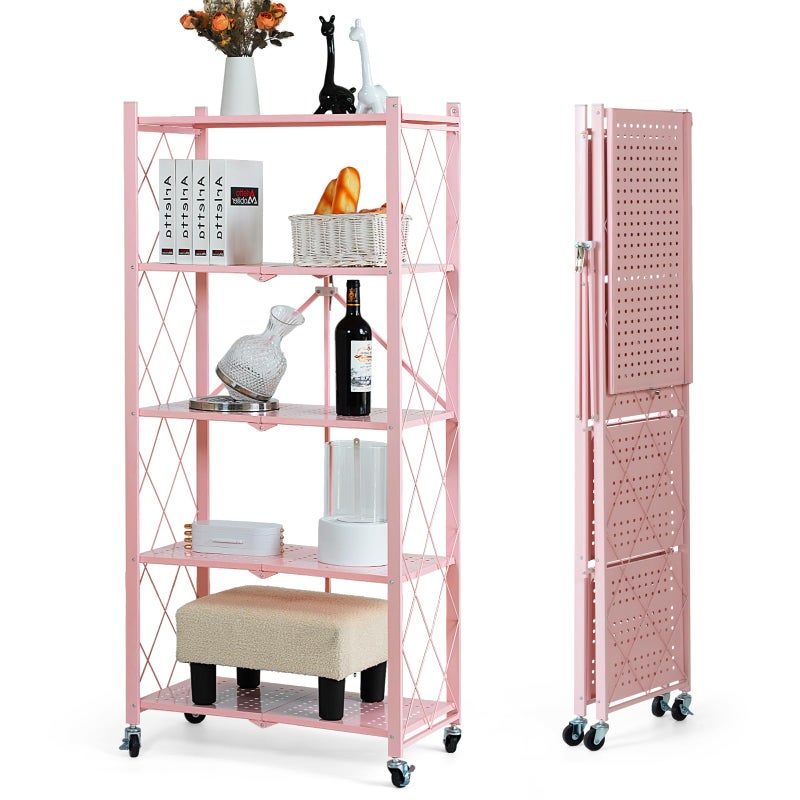 BRIAN & DANY 5-Tier Foldable Storage Shelves with Wheels, Folding Metal Rack Shelving Unit, Heavy Duty No Assembly Organizer Shelf for Garage, Kitchen, Basement, Pantry, Pink - Image 2