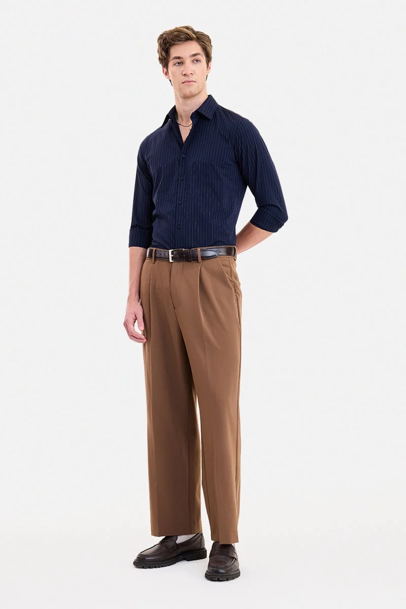 SNITCH Navy Blue Striped Long Sleeve Slim Fit Formal Luxe Shirt