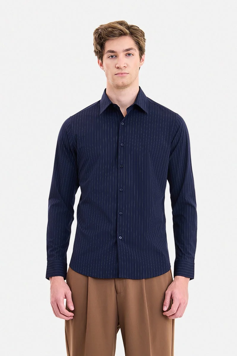 SNITCH Navy Blue Striped Long Sleeve Slim Fit Formal Luxe Shirt