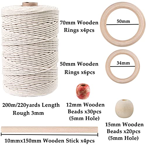 ZXCDINO 87pcs Macrame Kits for Beginners 3mm x 220yards Natural Cotton Macrame Cord Wall Hanging Kit, Macrame Supplies Best for Macrame Plant Hanger with Wooden Beads,Wooden Rings - Image 2