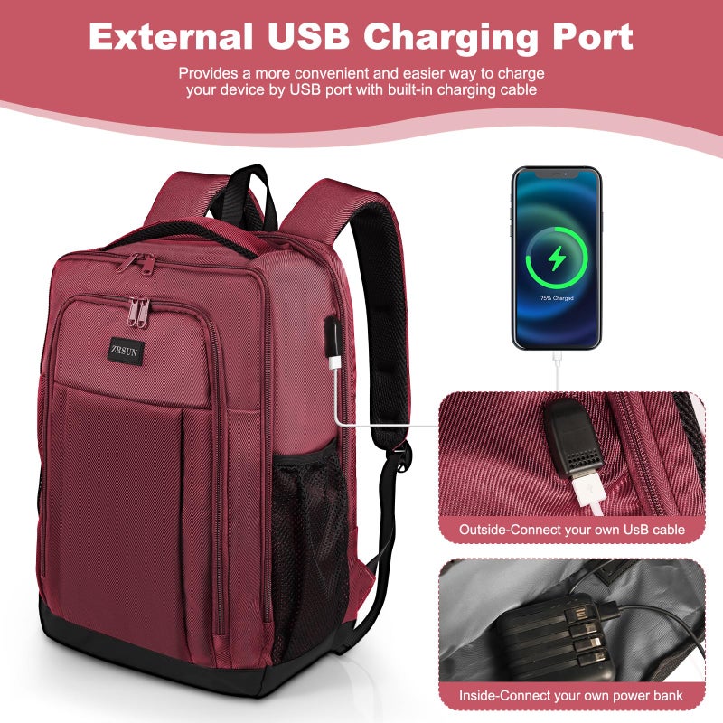 ZRSUN Travel Backpack, Business Anti Theft Slim Sturdy Laptops Backpack with USB Charging Port, Water Resistant College School Laptop Bag for Men & Women Fits 15.6 Inch Notebook (Red) - Image 2