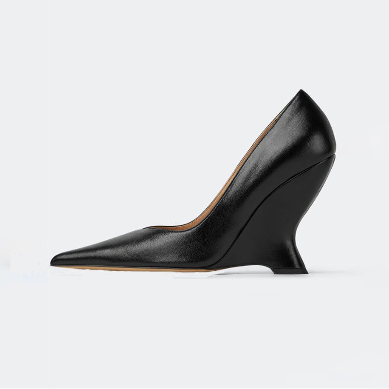 High Heel Wedge Stone Pattern Mid-Mouth Single-Layer Shoes Pointed Ladies Large Size Shoes - Image 1