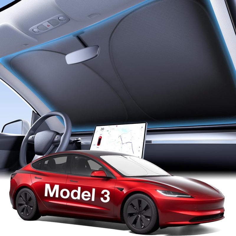 Wigoo غطاء لحماية الشمس للزجاج الأمامي قابل للطي من نوع Tesla Model 3، لطرازات Tesla Model 3 من 2016 إلى 2024، إكسسوارات لترقية Tesla Model 3 لعام 2024 - Image 1