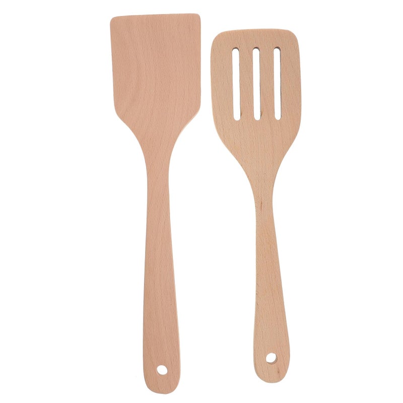 2 Pcs Wooden Spatulas Long Handle Non Stick Cooking Utensils Ergonomic Design - Image 2