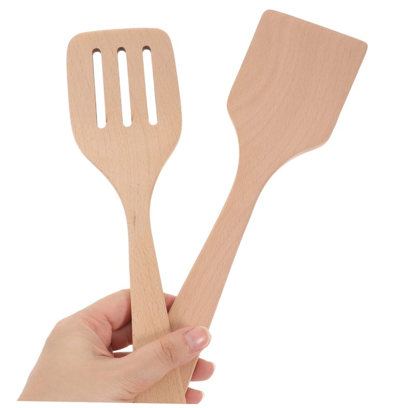 2 Pcs Wooden Spatulas Long Handle Non Stick Cooking Utensils Ergonomic Design - Image 3