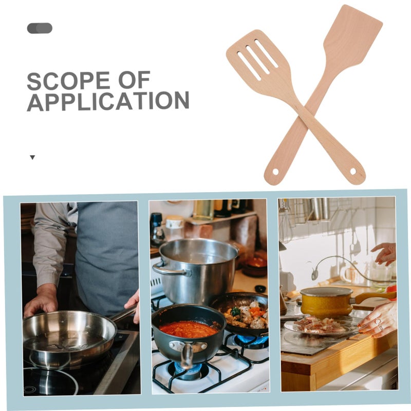 2 Pcs Wooden Spatulas Long Handle Non Stick Cooking Utensils Ergonomic Design - Image 4