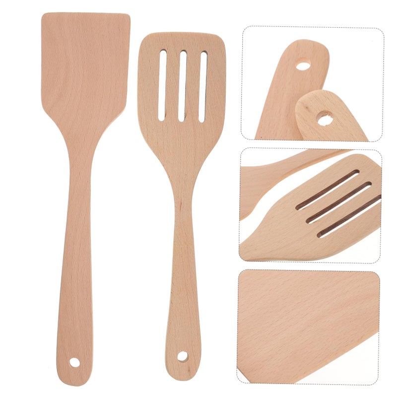 2 Pcs Wooden Spatulas Long Handle Non Stick Cooking Utensils Ergonomic Design - Image 5
