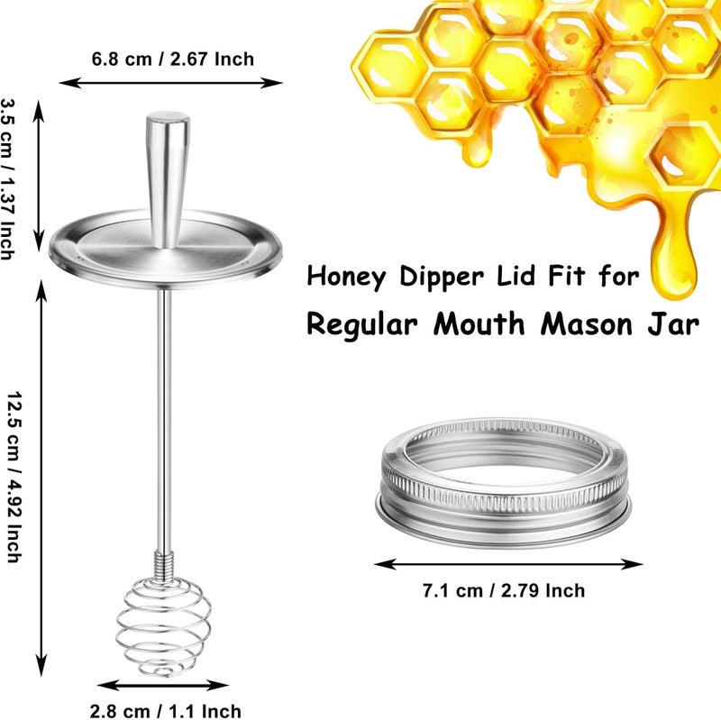 WixiTool Mason Jar Lid with Honey Dispenser Dipper, 1 PCS Regular Mouth Canning Lid and Ring for Ball or Kerr Jars, Stainless Steel Honey Stirrers Lid with Honeycomb Cover for Honey Pot Container - Image 1