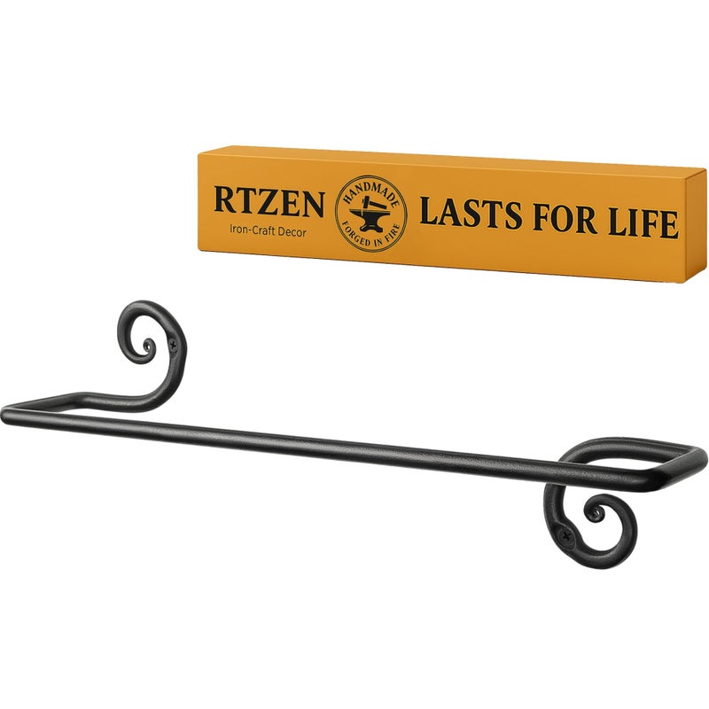 RTZEN Farmehouse Bathroom Towel Holder - Wrought Iron Matte Metal Black Towel Bar Wall Mount Rod - Handmade Home Decor Metal Kitchen Hanger Bar (16'' - Fits 16 Inch Towels) - Image 1