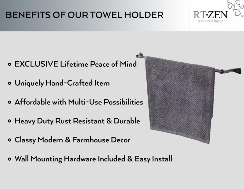 RTZEN Farmehouse Bathroom Towel Holder - Wrought Iron Matte Metal Black Towel Bar Wall Mount Rod - Handmade Home Decor Metal Kitchen Hanger Bar (16'' - Fits 16 Inch Towels) - Image 2