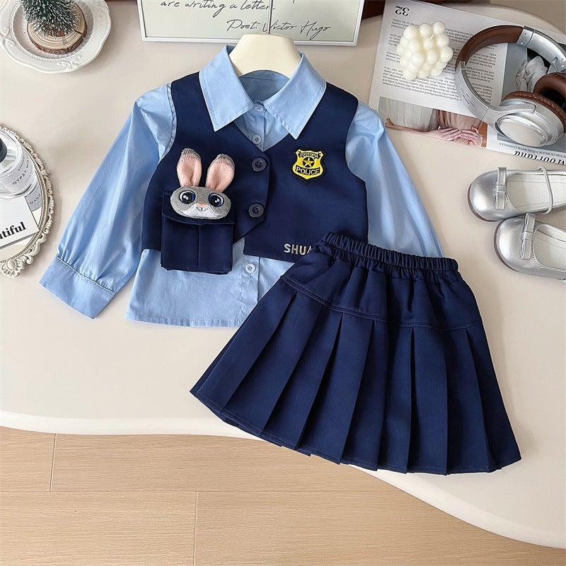 Girls 2024 Spring Autumn JK Skirt Shirt Vest Set Blue