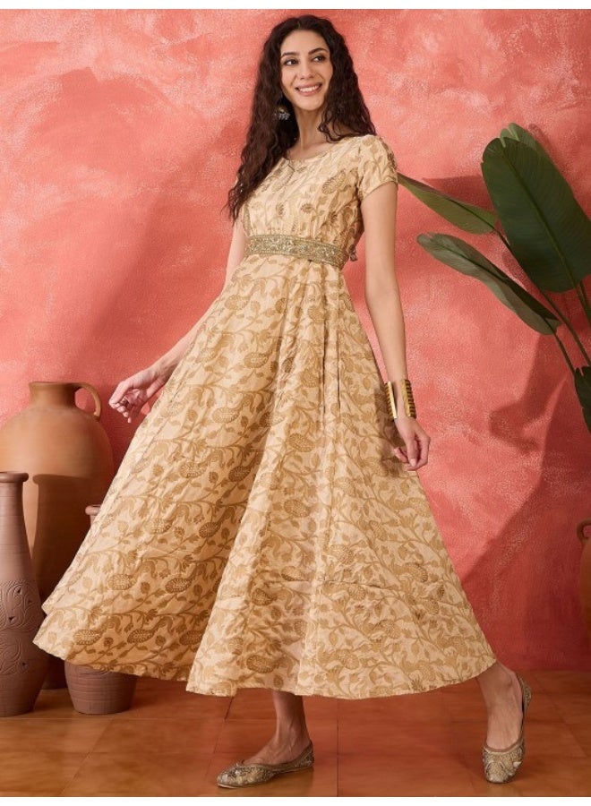 AKS Beige Jacquard Flared Maxi Dress - Image 1