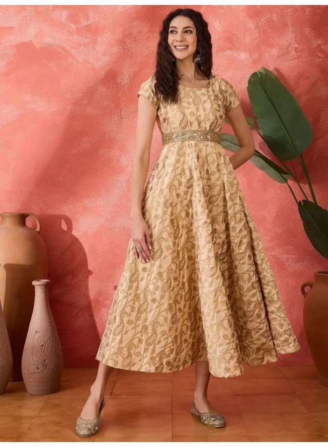 AKS Beige Jacquard Flared Maxi Dress