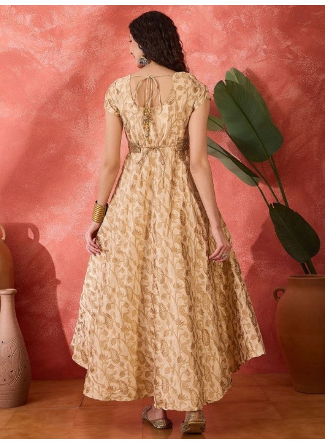 AKS Beige Jacquard Flared Maxi Dress - Image 4