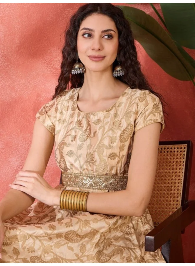 AKS Beige Jacquard Flared Maxi Dress