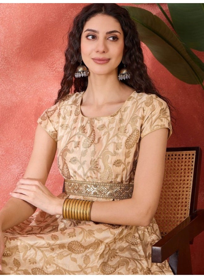 AKS Beige Jacquard Flared Maxi Dress - Image 3