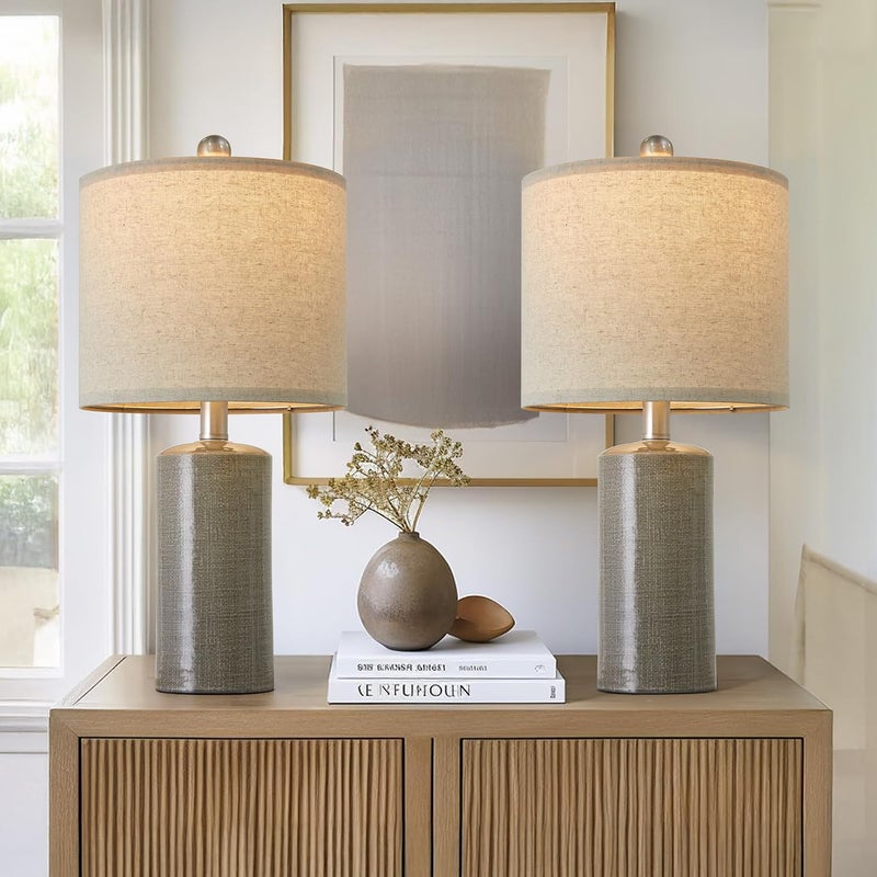 G-SAFAVA 20.25" Small Table Lamps Set of 2 Modern Ceramic Lamps for Living Room Farmhouse Bedside Lamps Boho Lamps for Night Stands Grey Bedroom Lamp Side End Table Lamps - Image 1